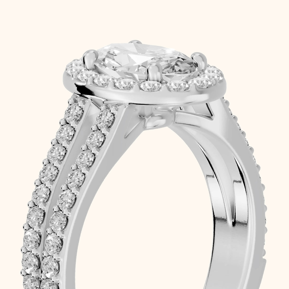 Tampa Halo Split Shank Oval Diamond Engagement Ring in Silver - slant-view.webp