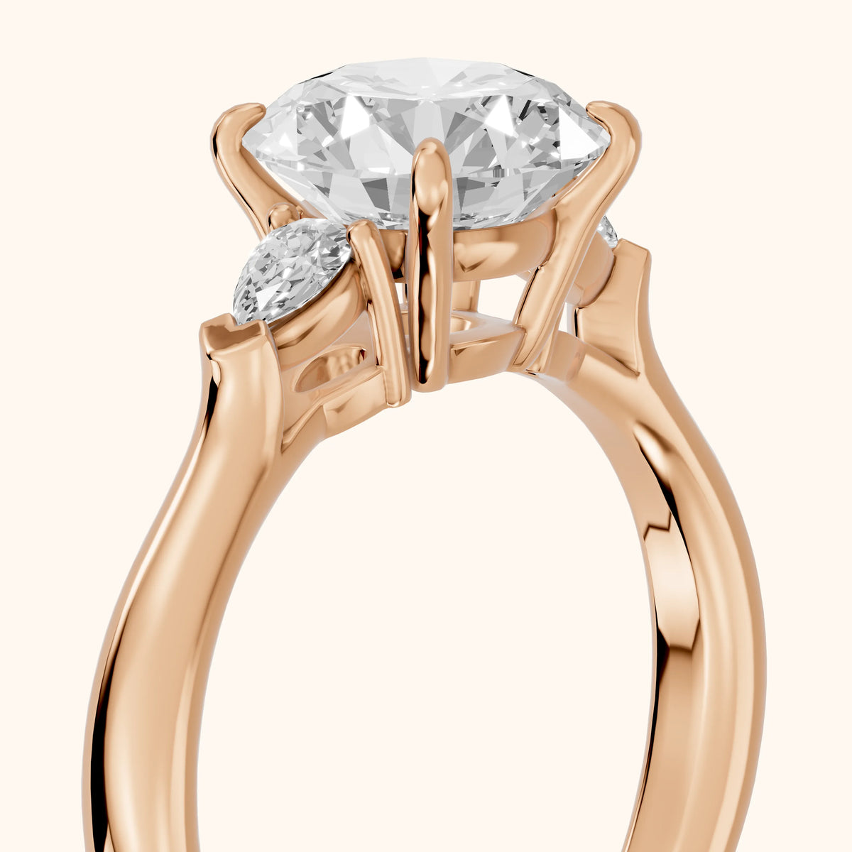 Dahlia Three-Stone Cathedral Round Diamond Engagement Ring in Rose Gold - slant-view.webp