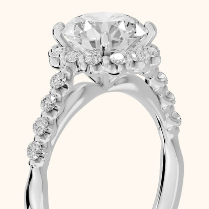 Carlotta Scalloped Halo Round Diamond Engagement Ring in Platinum - slant-view.webp