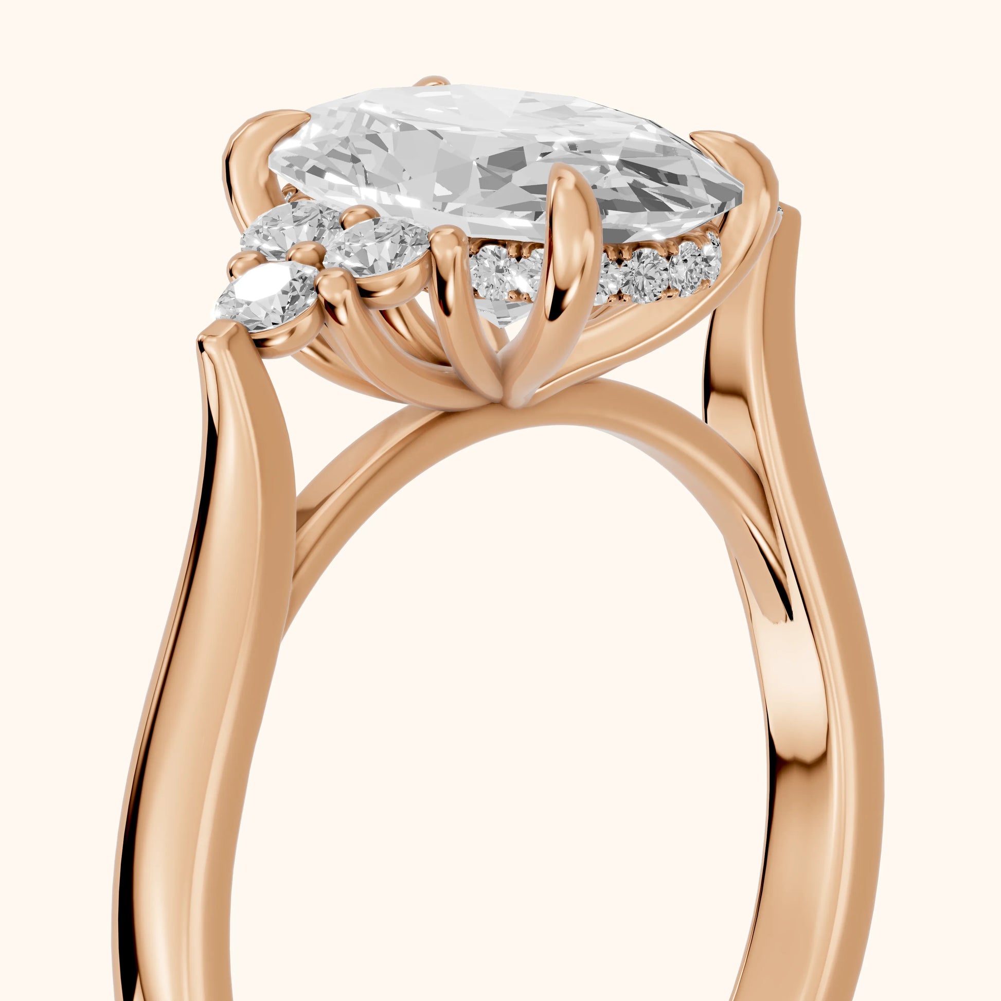 Anya Sidestone Cluster Oval Diamond Ring in Rose Gold - slant-view.webp