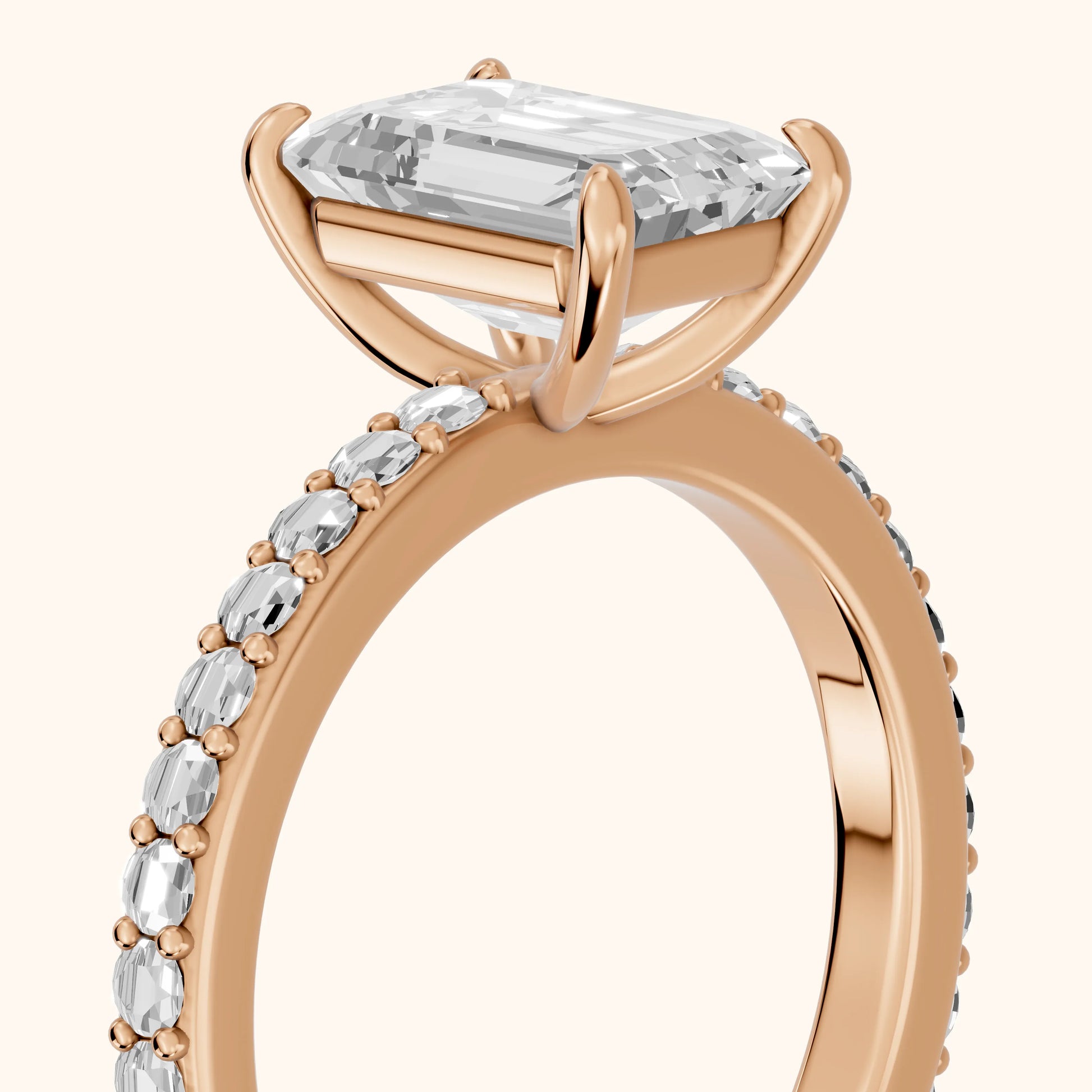 Aisha Pavé Solitaire Emerald Diamond Engagement Ring in Rose Gold - slant-view.webp