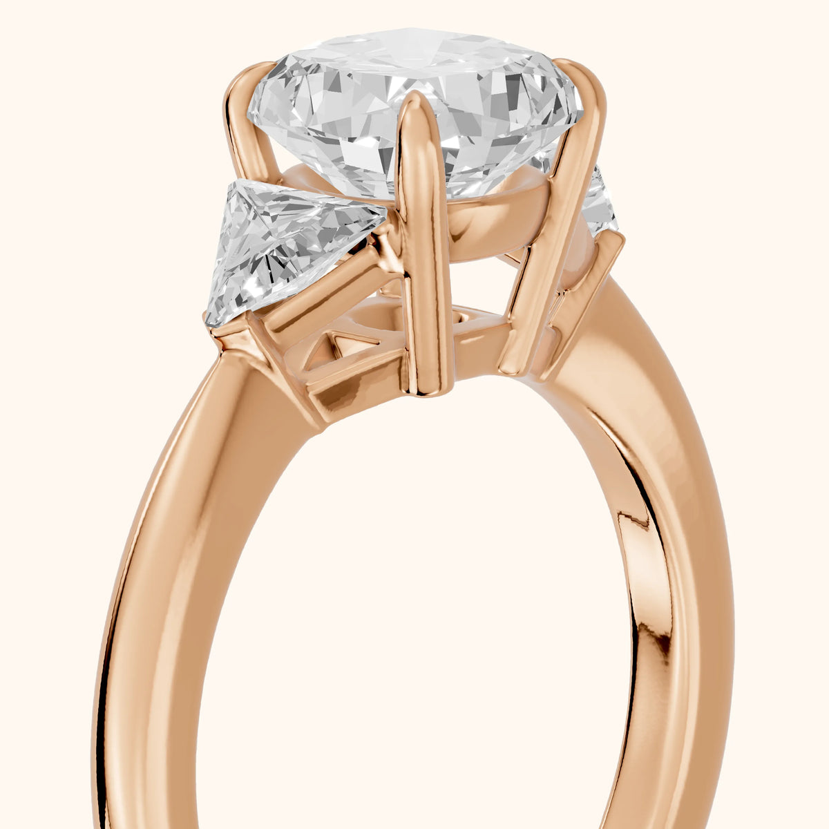 Clemency Three-Stone Cathedral Cushion Diamond Engagement Ring in Rose Gold - slant-view.webp