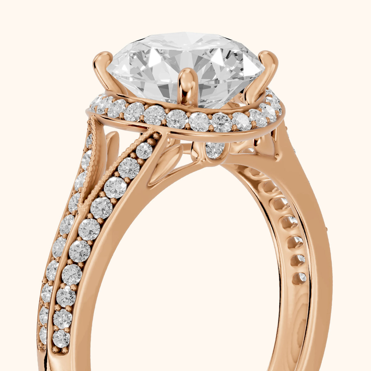 Peggy Halo Split Shank Round Diamond Engagement Ring in Rose Gold - slant-view.webp