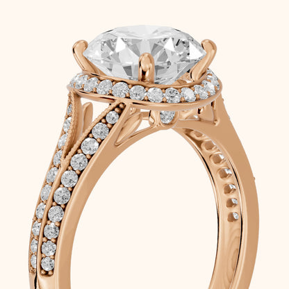 Peggy Halo Split Shank Round Diamond Engagement Ring in Rose Gold - slant-view.webp
