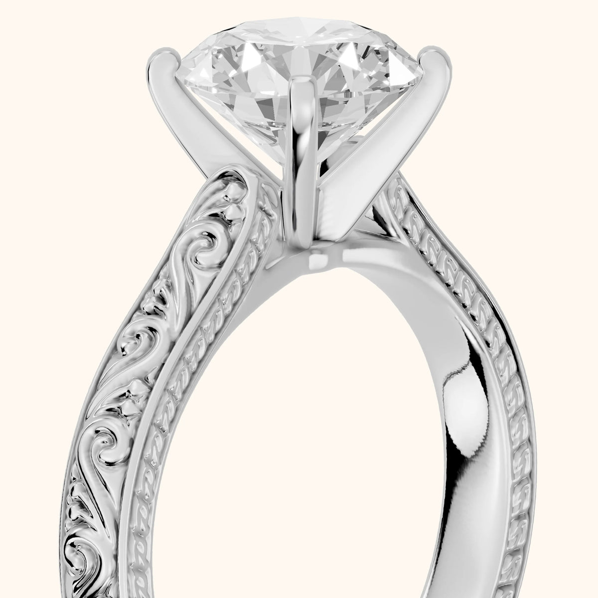 Fia Vintage Engraved Round Diamond Engagement Ring in Platinum - slant-view.webp