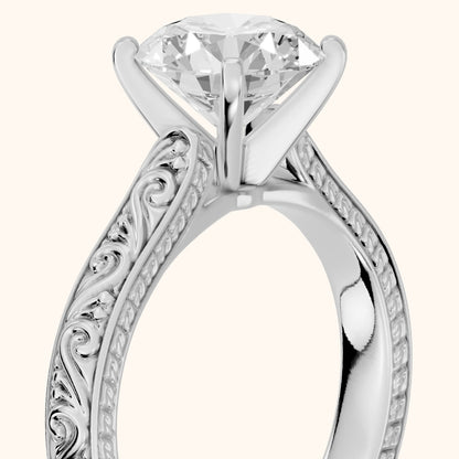 Fia Vintage Engraved Round Diamond Engagement Ring in Platinum - slant-view.webp