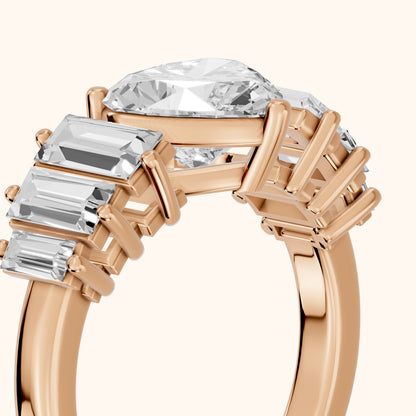 Mara Sidestone Baguette Accent Heart Diamond Engagement Ring in Rose Gold - slant-view.webp