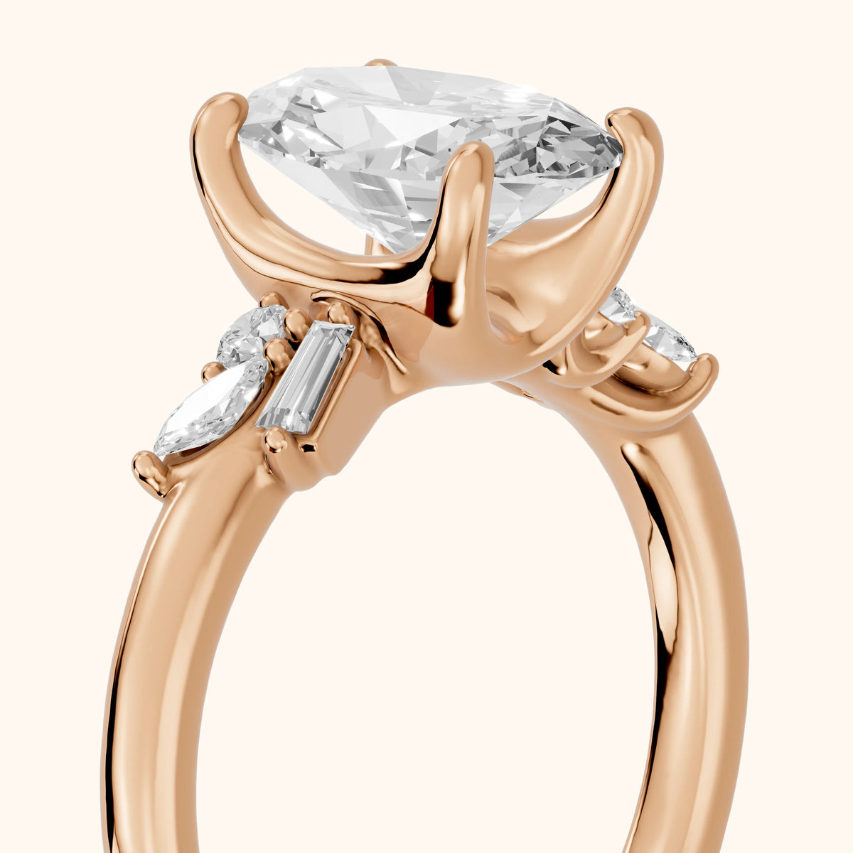 Morgan Baguette Cluster Oval Diamond Engagement Ring in Rose Gold - slant-view.webp