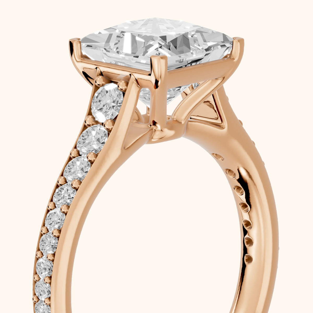 Linda Graduated Pavé Princess Diamond Engagement Ring in Rose Gold - slant-view.webp