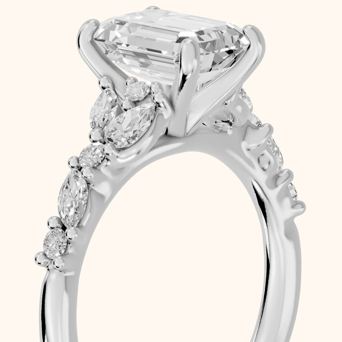 Mesa Vine Cluster Emerald Diamond Engagement Ring in White Gold - slant-view.webp