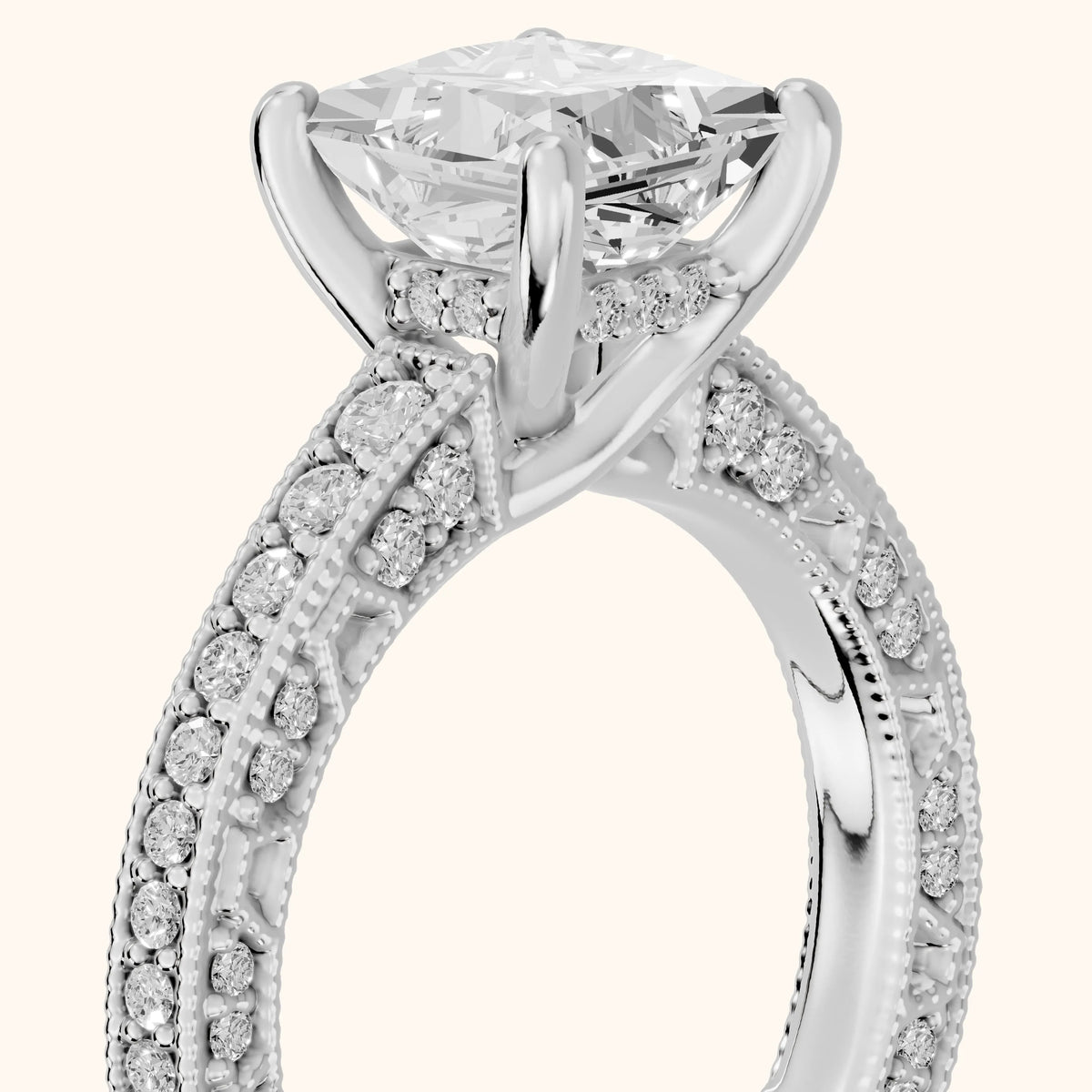 Alameda Milgrain Pavé Princess Diamond Engagement Ring in Silver - slant-view.webp