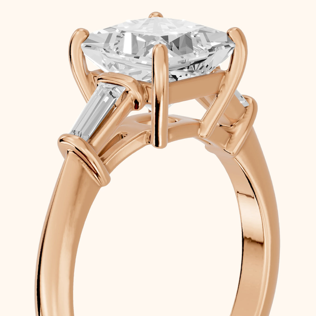 Abby Baguette Three-Stone Princess Diamond Engagement Ring in Rose Gold - slant-view.webp