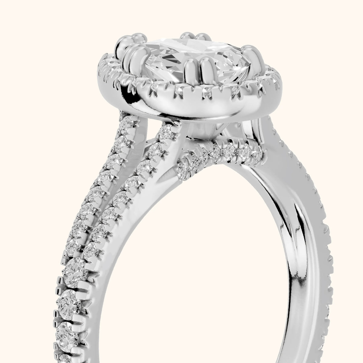 Dallas Halo Split Shank Pear Diamond Engagement Ring in Platinum - slant-view.webp