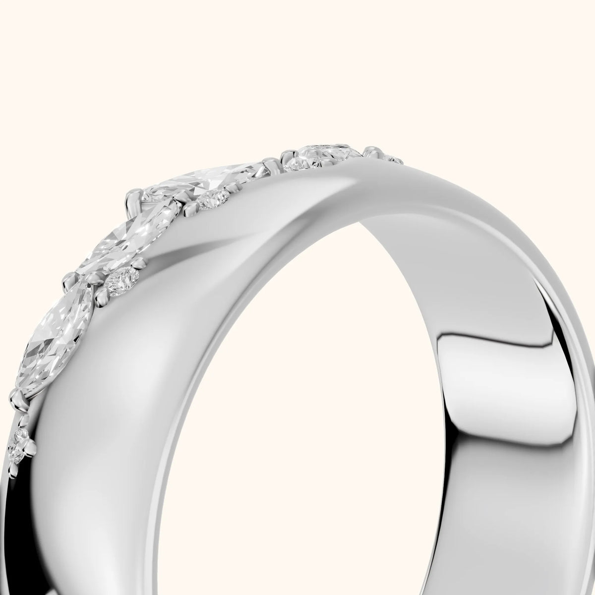 Ambika Dome Marquise & Round Diamond Wedding Band in Silver - slant-view