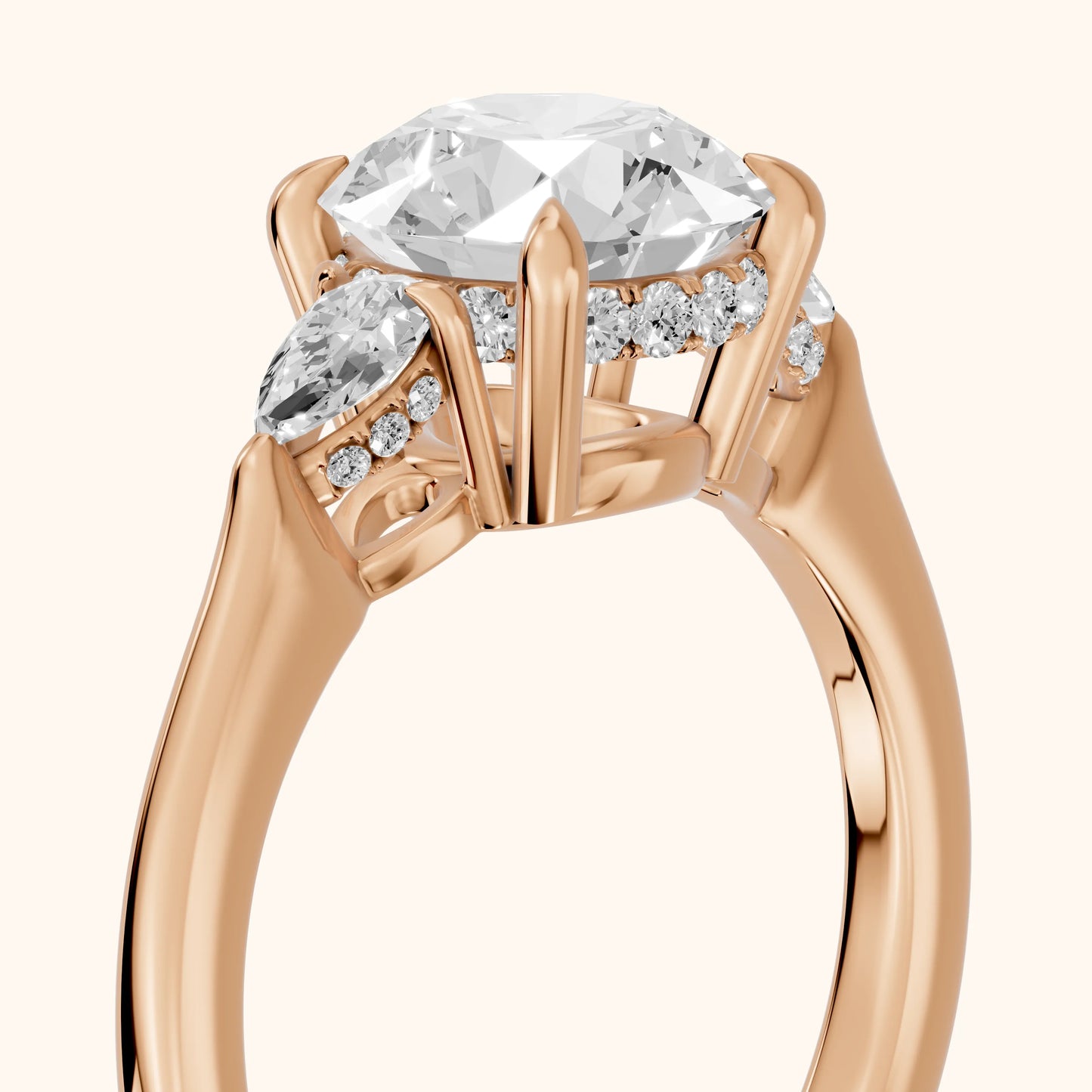 Leila Three-Stone Round Diamond Engagement Ring in Rose Gold - slant-view.webp