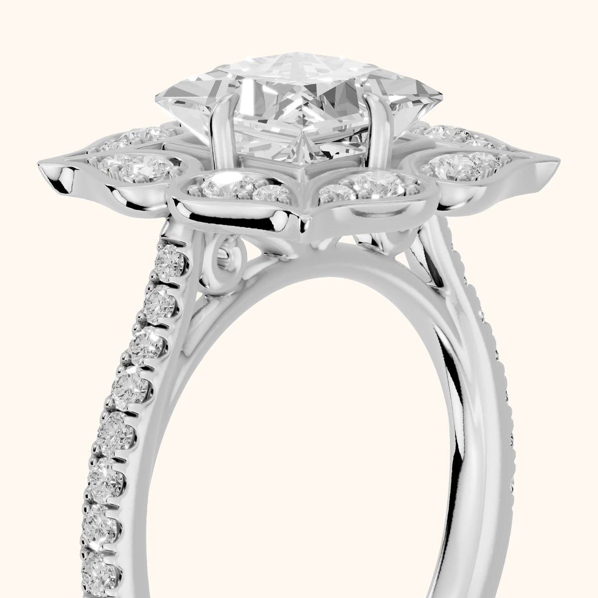 Caitlin Floral Halo Princess Diamond Engagement Ring in White Gold - slant-view.webp