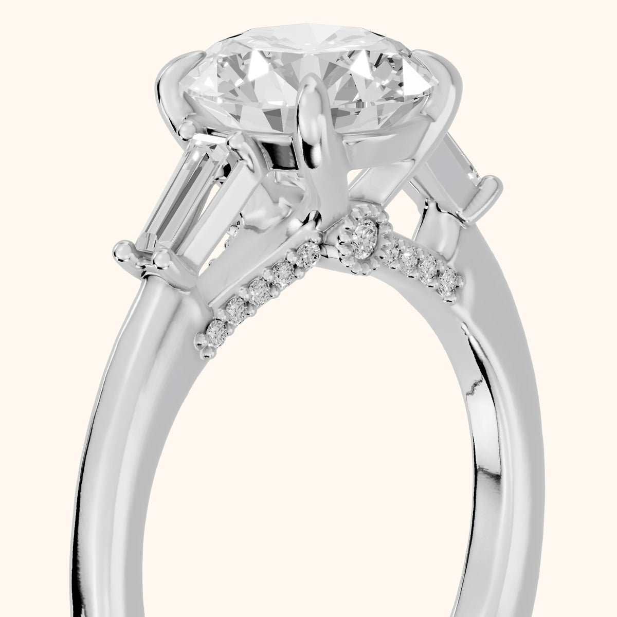Laredo Baguette Three-Stone Round Diamond Engagement Ring in Silver - slant-view.webp