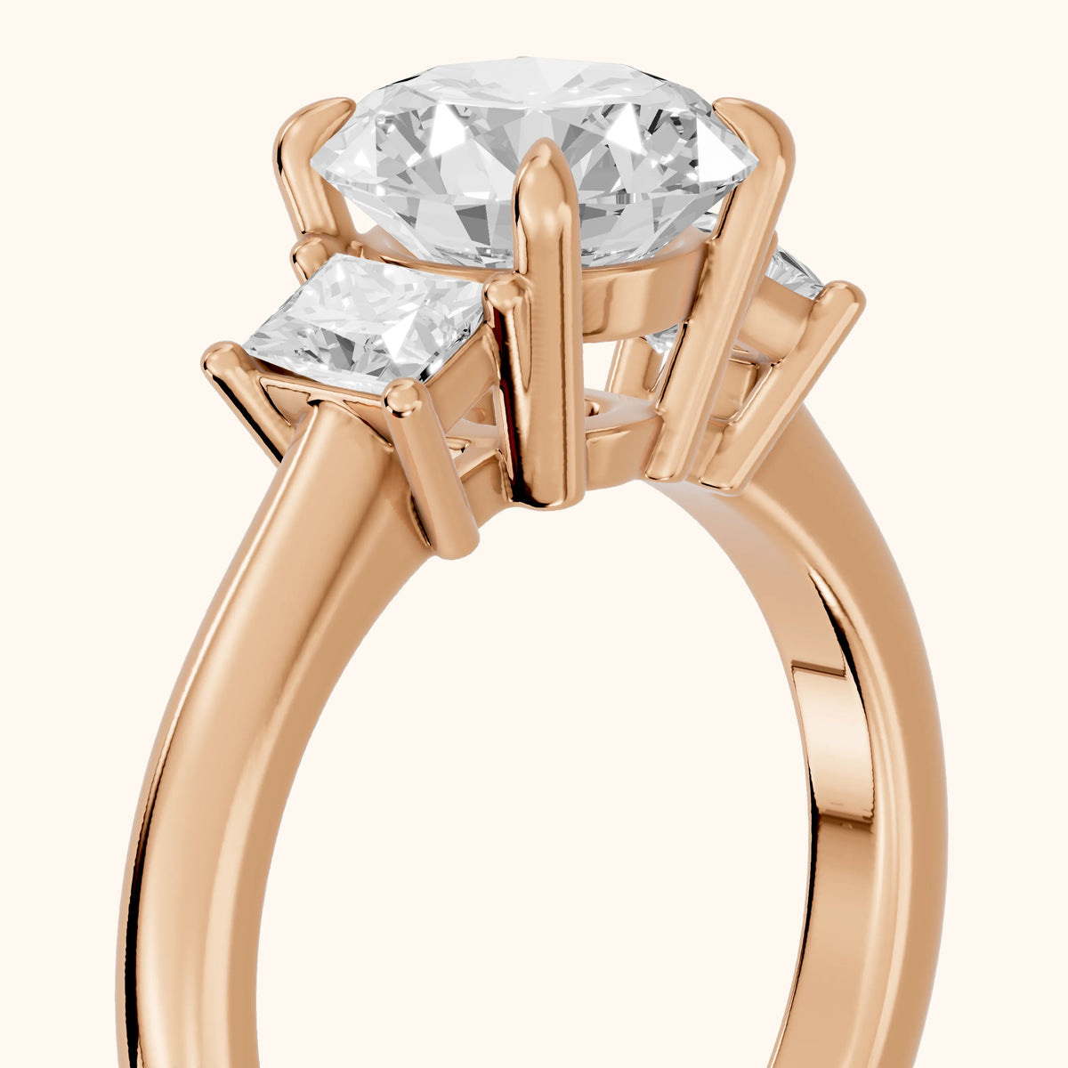 Cosette Statement Three-Stone Round Diamond Engagement Ring in Rose Gold - slant-view.webp