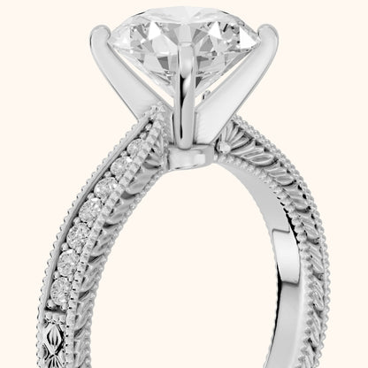 Inga Vintage Engraved Round Diamond Engagement Ring in Platinum - slant-view.webp