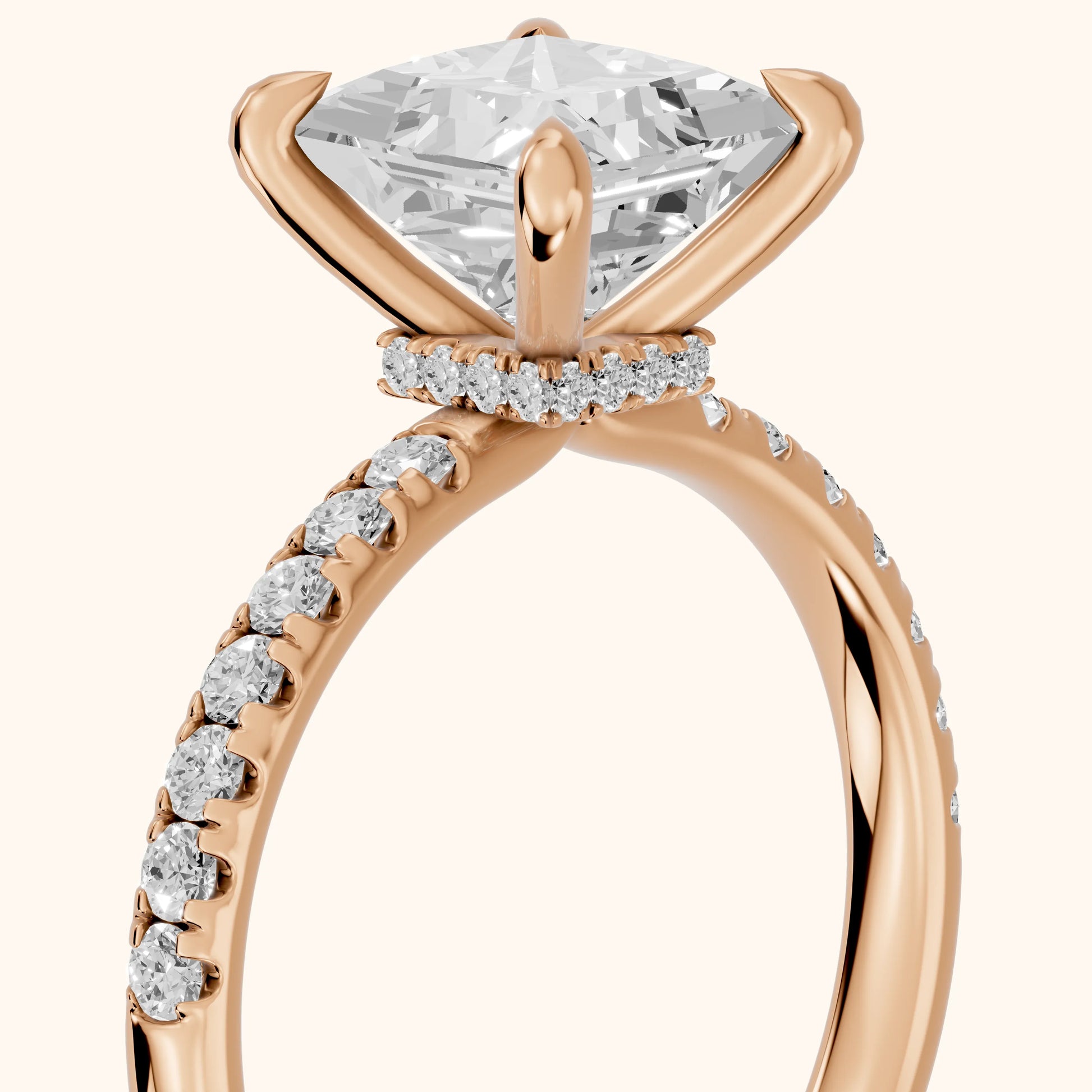 Maya Hidden Halo Pavé Princess Diamond Engagement Ring in Rose Gold - slant-view.webp
