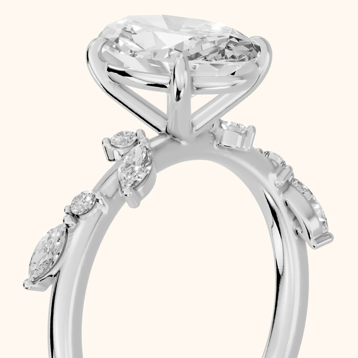 Vivian Leaf Oval Diamond Engagement Ring in Silver - slant-view.webp