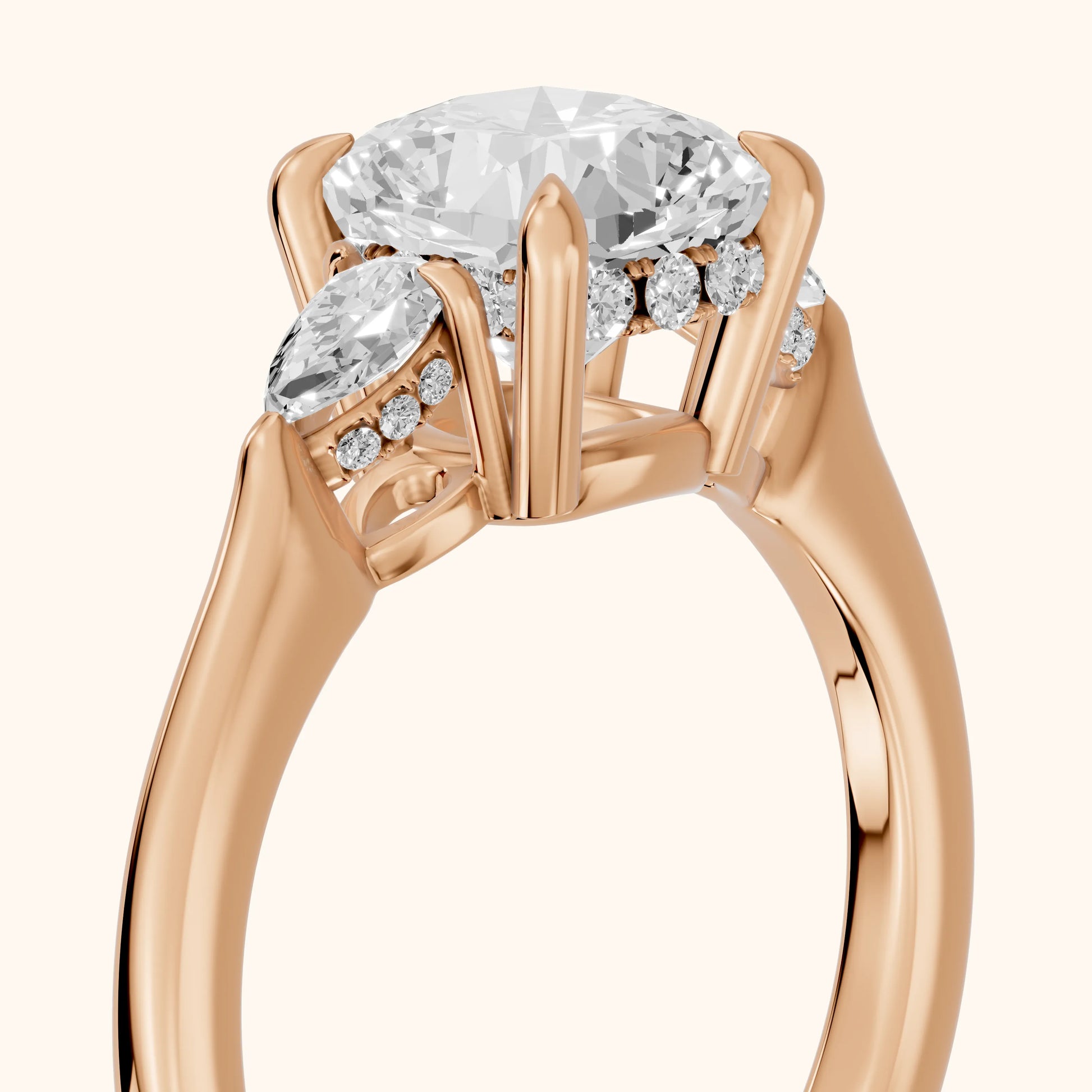 Leila Three-Stone Cushion Diamond Engagement Ring in Rose Gold - slant-view.webp