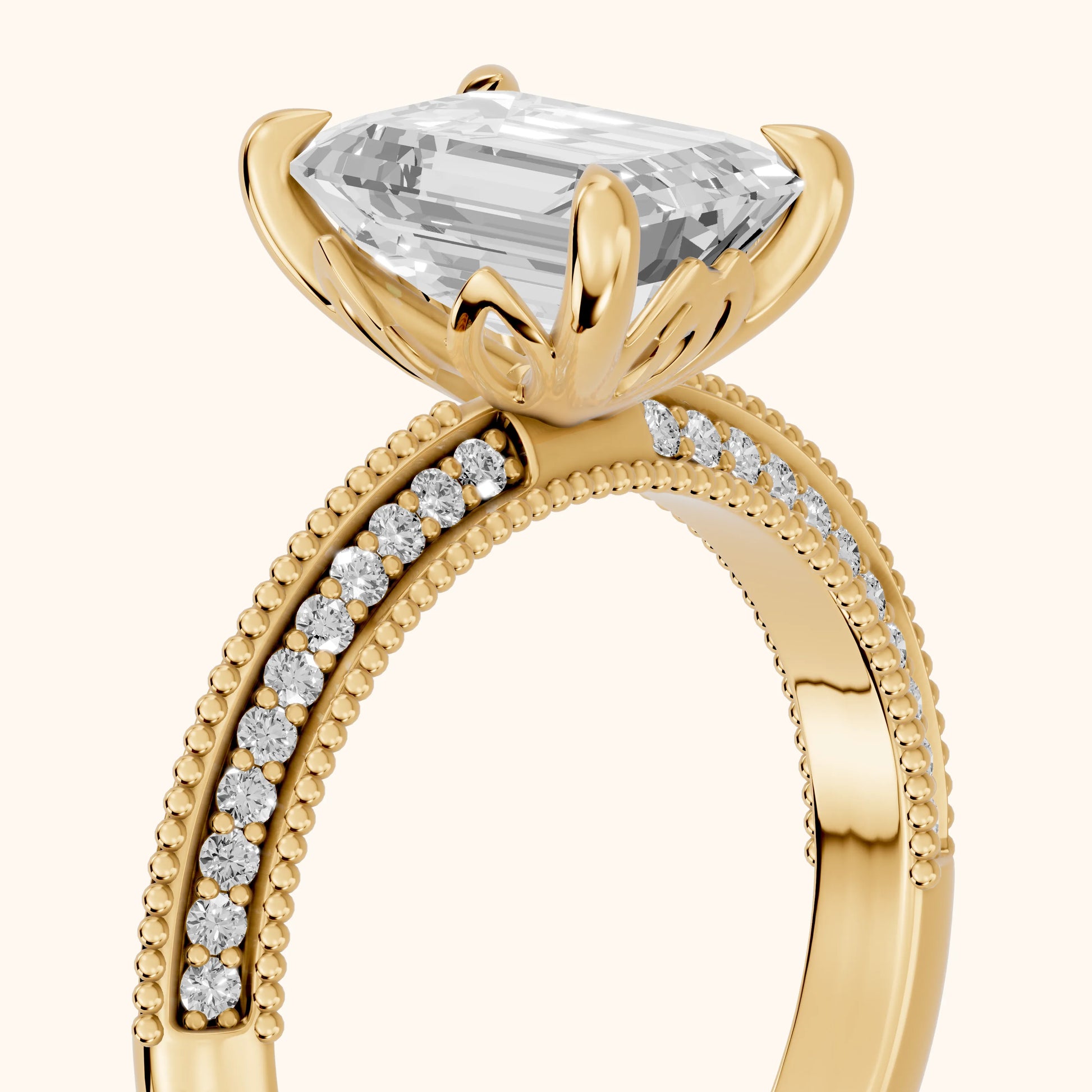 Indie Vintage Milgrain Emerald Diamond Engagement Ring in Yellow Gold - slant-view.webp