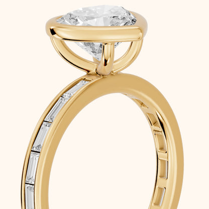 Raleigh Bezel Baguette Heart Diamond Engagement Ring in Yellow Gold - slant-view.webp
