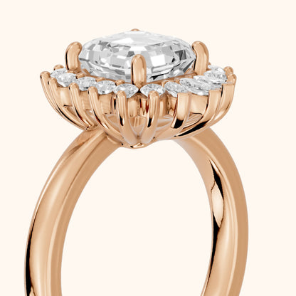Roslyn Sunburst Halo Asscher Diamond Engagement Ring in Rose Gold - slant-view.webp