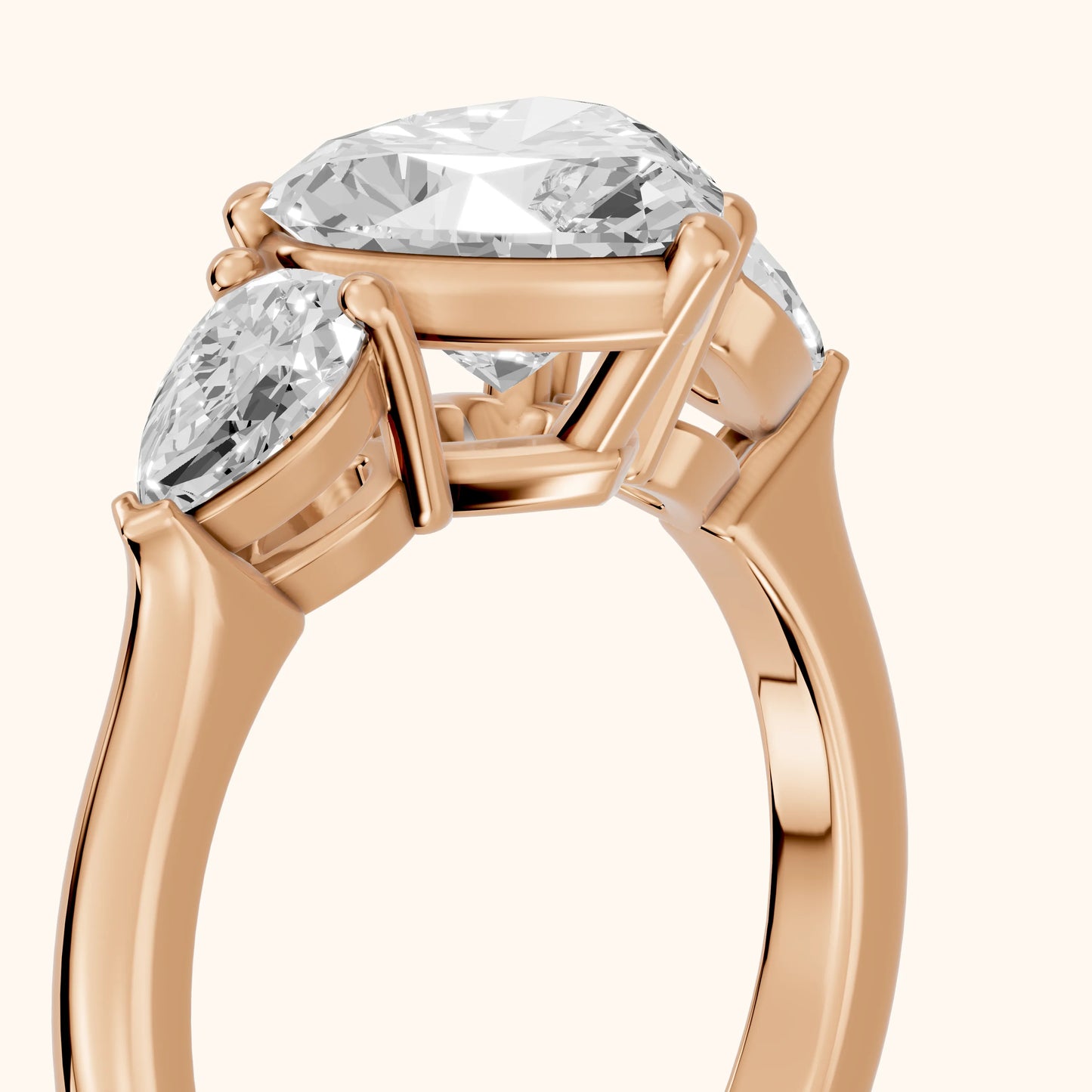 Mirabel Three-Stone Heart Diamond Engagement Ring in Rose Gold - slant-view.webp