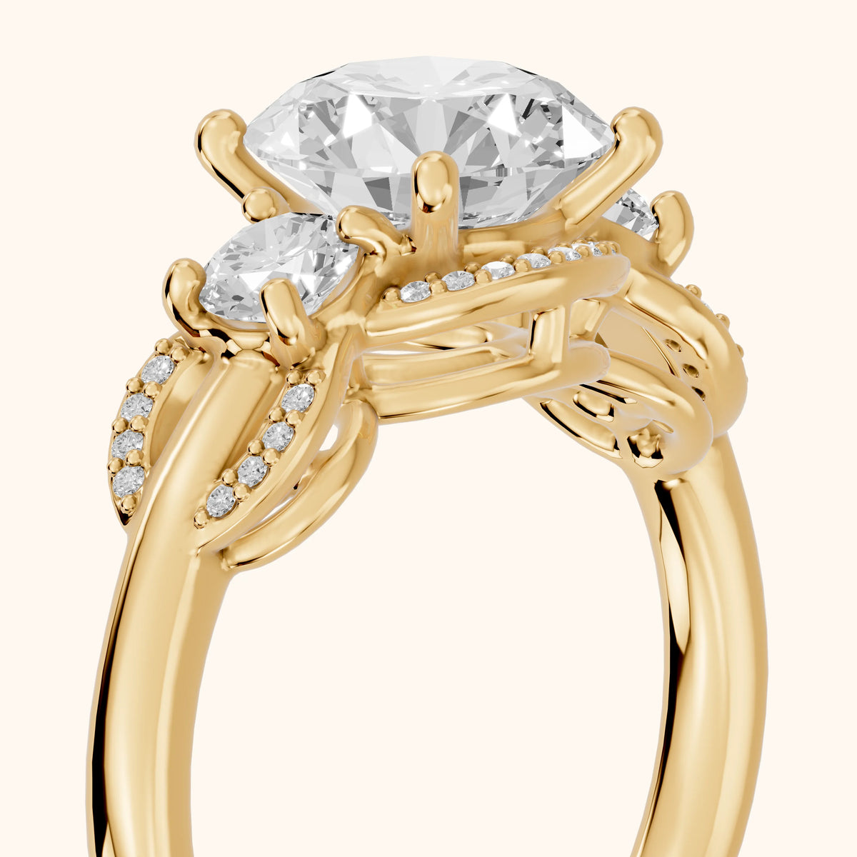 Briar Vine Three-Stone Round Diamond Engagement Ring in Yellow Gold - slant-view.webp