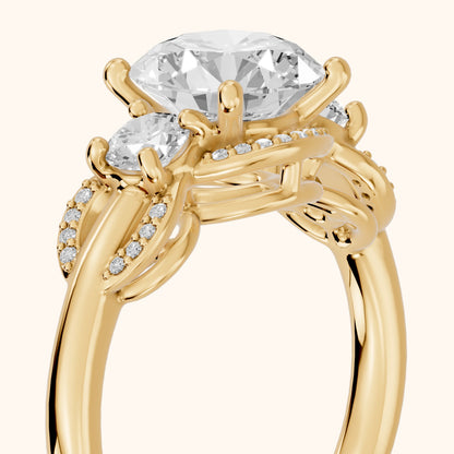 Briar Vine Three-Stone Round Diamond Engagement Ring in Yellow Gold - slant-view.webp