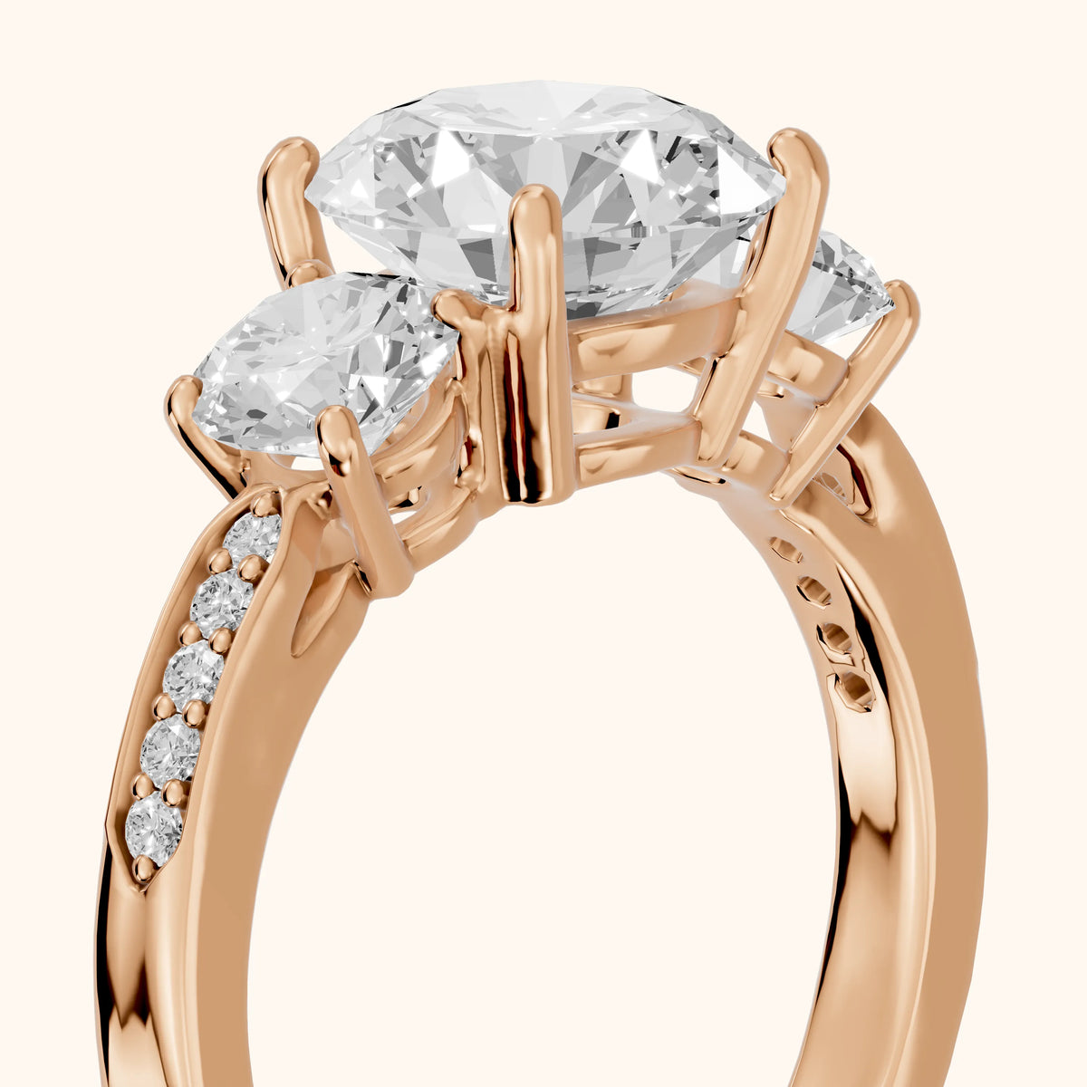 Esperanza Three-Stone Pavé Round Diamond Engagement Ring in Rose Gold - slant-view.webp