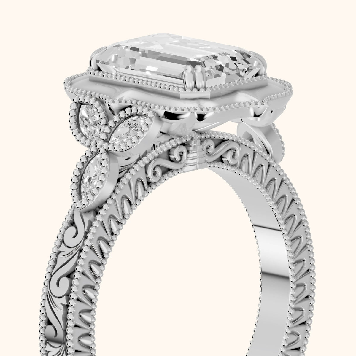 Shasta Vintage Scalloped Emerald Diamond Engagement Ring in Silver - slant-view.webp
