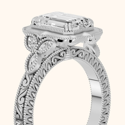 Shasta Vintage Scalloped Emerald Diamond Engagement Ring in Silver - slant-view.webp