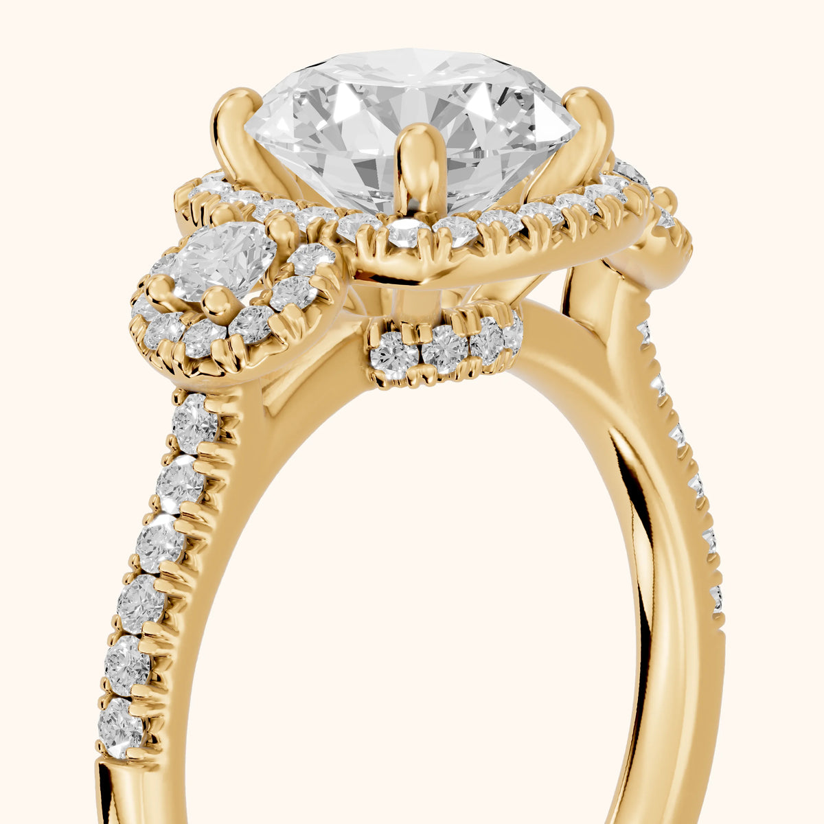 Denver Three-Stone Halo Round Diamond Engagement Ring in Yellow Gold - slant-view.webp