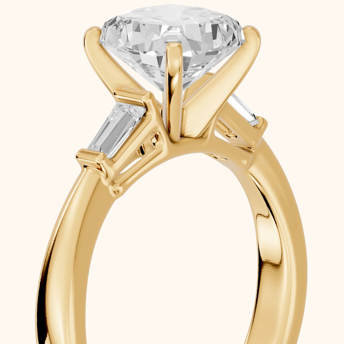 Jacinta Baguette Three-Stone Cushion Diamond Engagement Ring in Yellow Gold - slant-view.webp