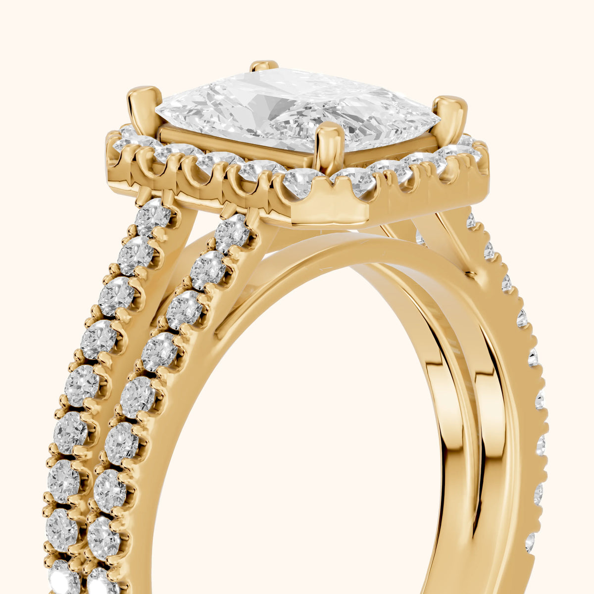 Kira Halo Split Shank Radiant Diamond Engagement Ring in Yellow Gold - slant-view.webp