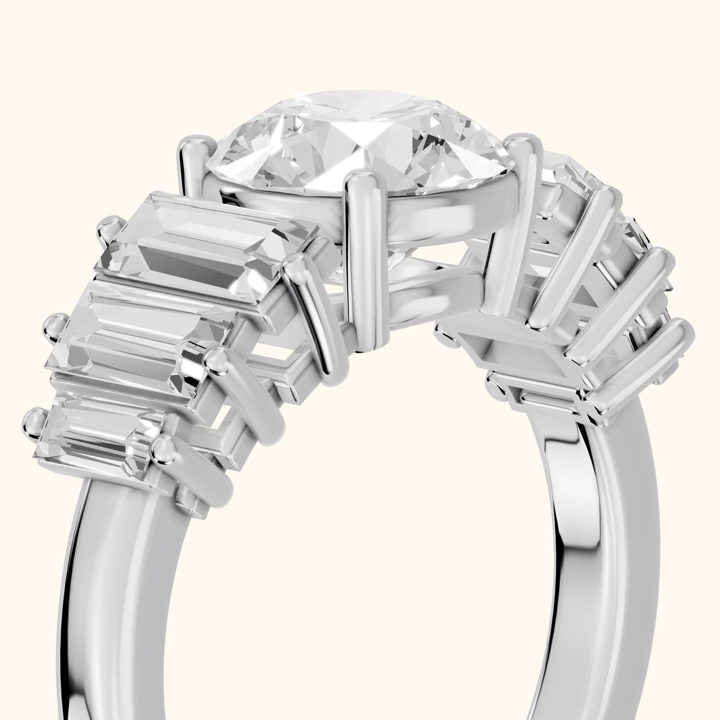 Mara Sidestone Baguette Accent Round Diamond Engagement Ring in White Gold - slant-view.webp