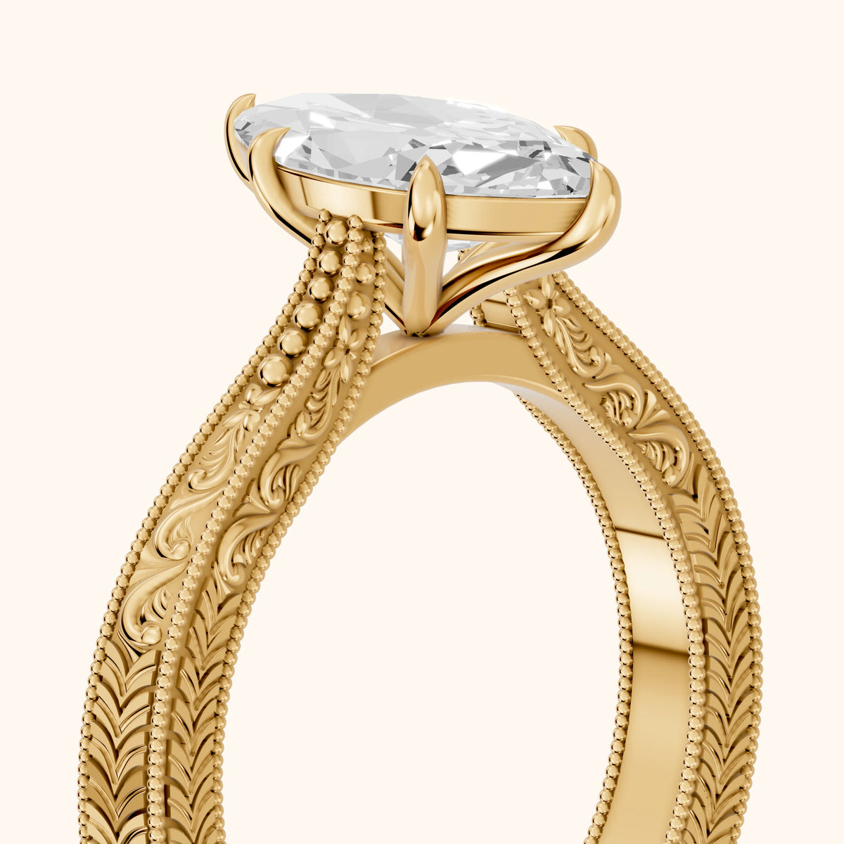 Kailua Vintage Engraved Marquise Diamond Engagement Ring in Yellow Gold - slant-view.webp