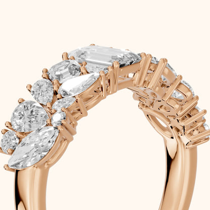 Isha Cluster Emerald & Pear Diamond Anniversary Ring in Rose Gold - slant-view
