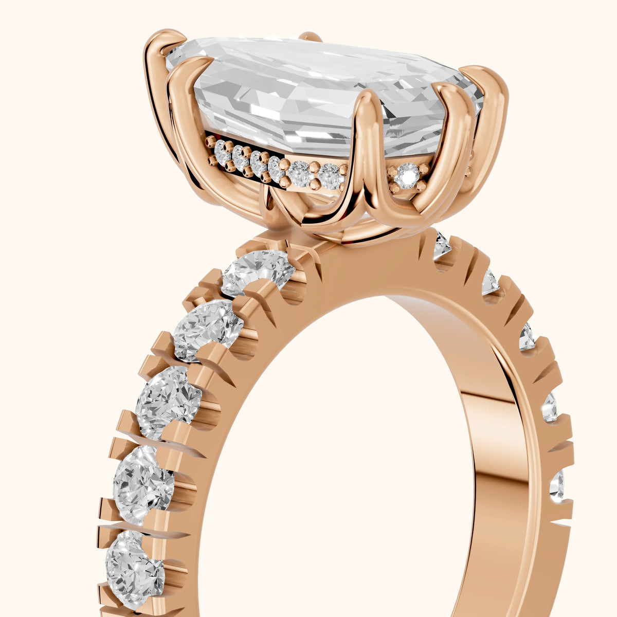 Delaney Hidden Halo French Pavé Step Cut Pear Diamond Engagement Ring in Rose Gold - slant-view.webp