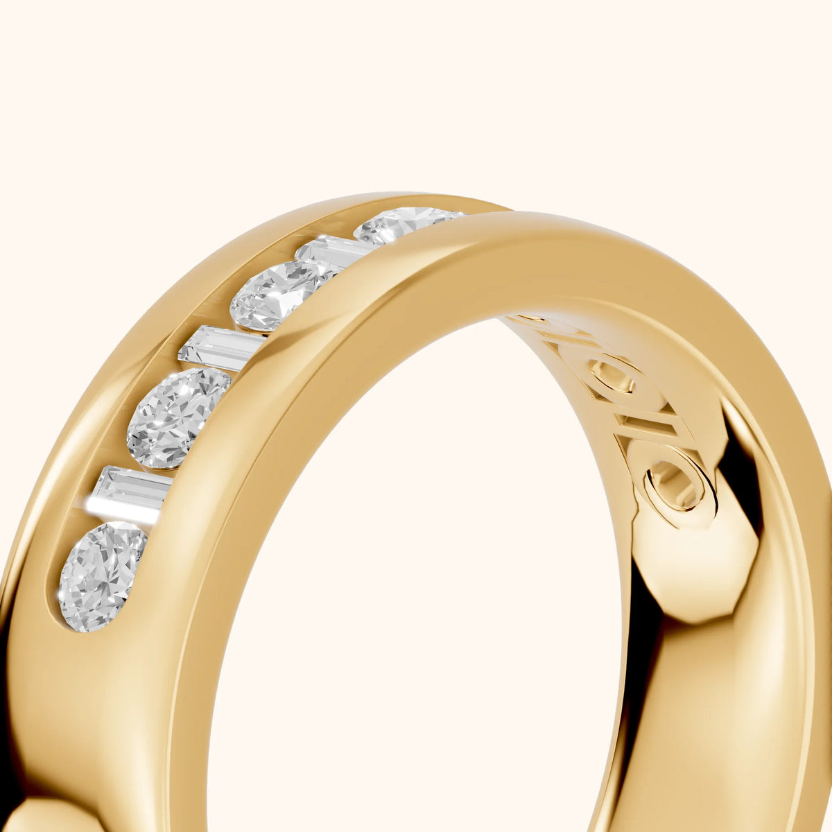Lydia Channel Set Round & Baguette Diamond Half Eternity Band in Yellow Gold - slant-view