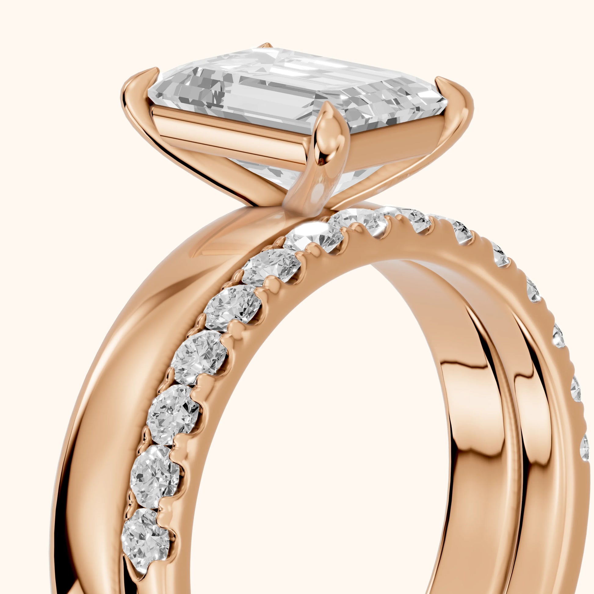 Veda Split Shank Pavé Emerald Diamond Engagement Ring in Rose Gold - slant-view.webp