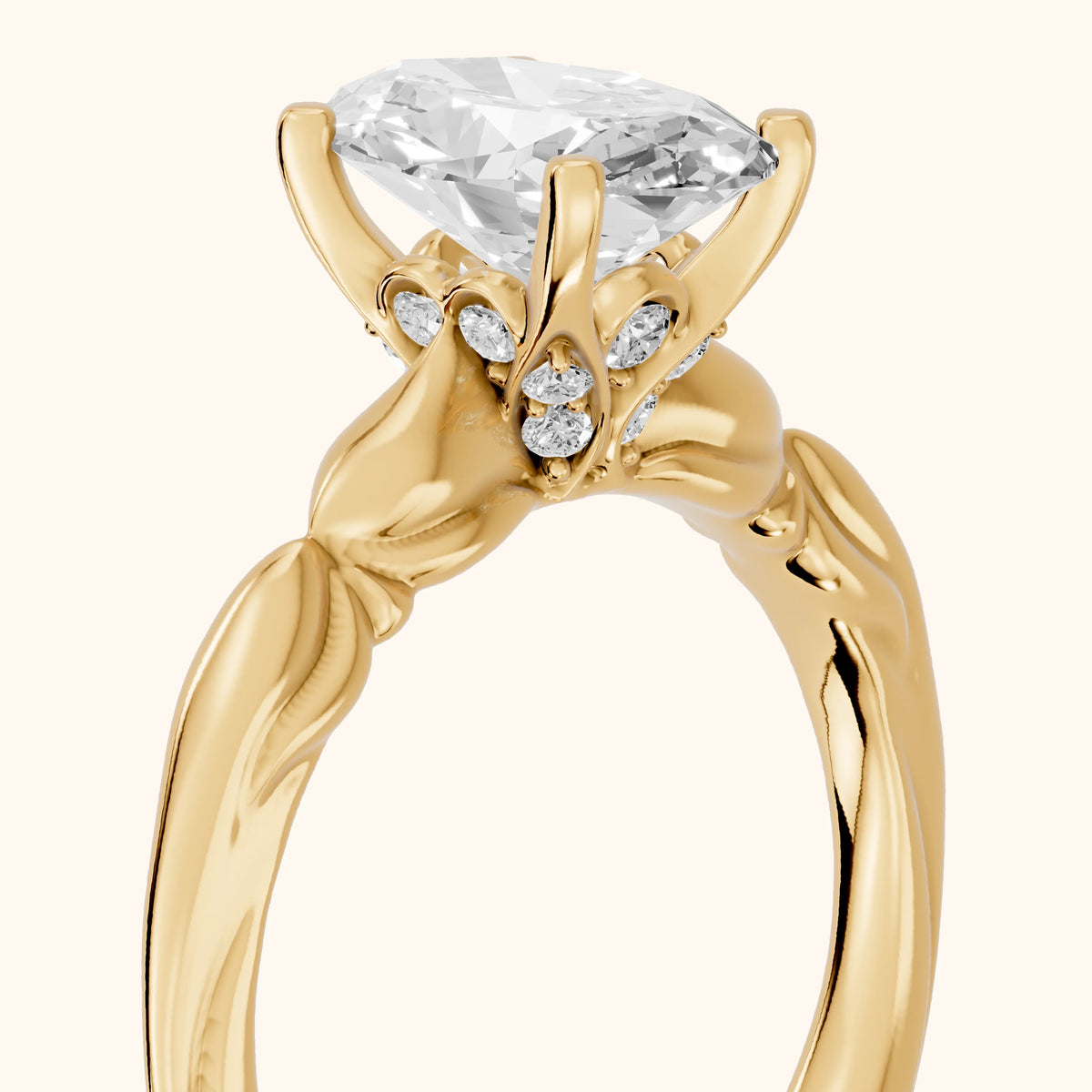 Verena Engraved Leaf Oval Diamond Engagement Ring in Yellow Gold - slant-view.webp