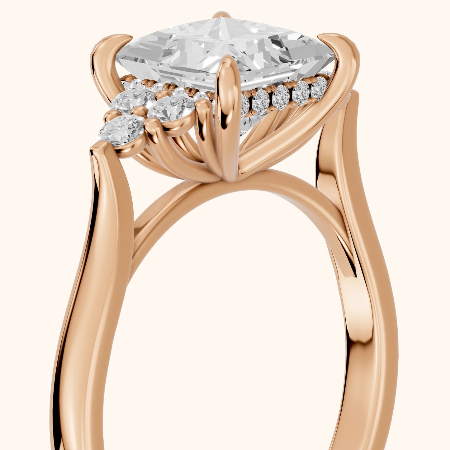 Anya Sidestone Cluster Princess Diamond Ring in Rose Gold - slant-view.webp