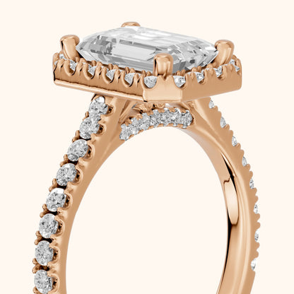 Sophie Halo Pavé Emerald Diamond Ring in Rose Gold - slant-view.webp