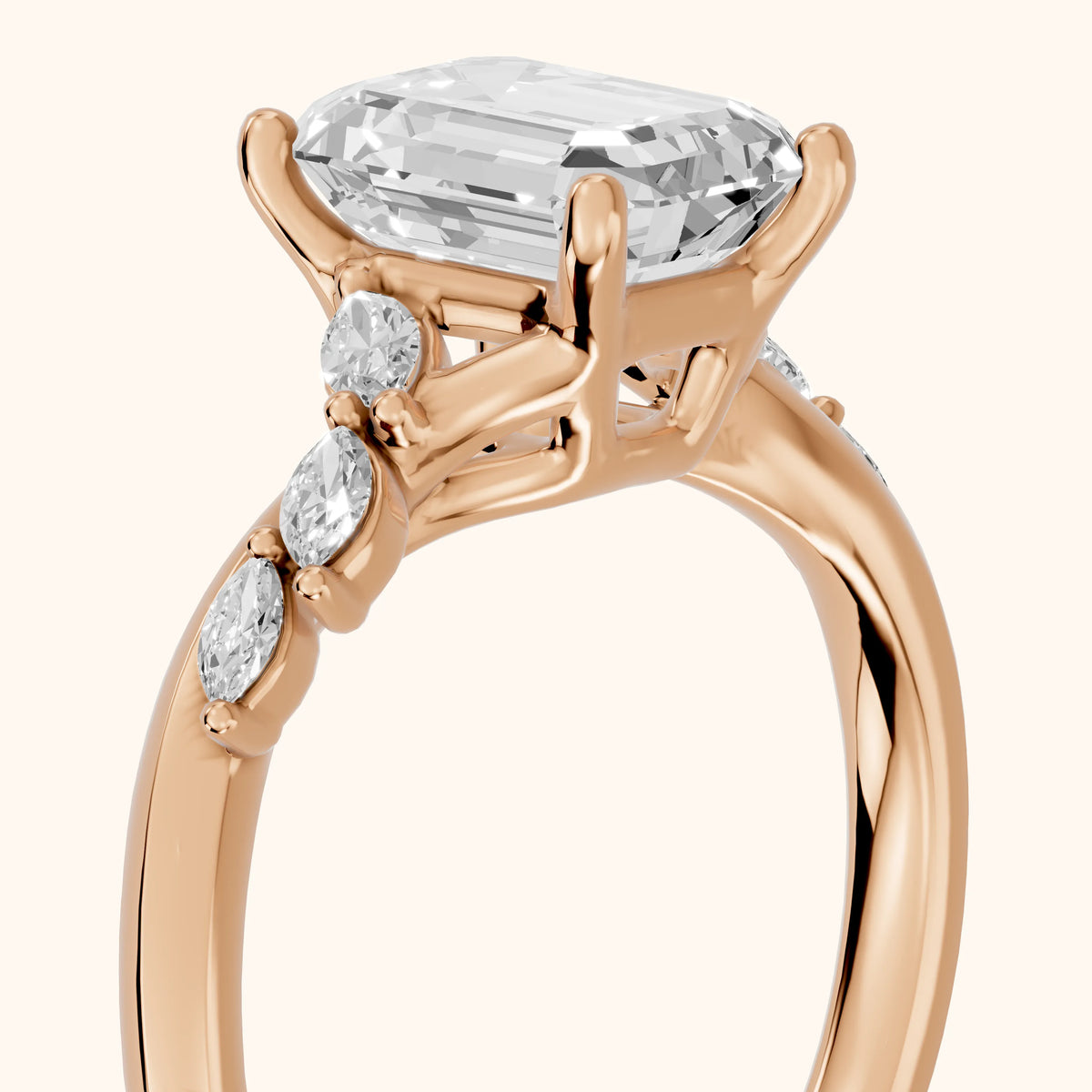 Cathy Leaf Twist Emerald Diamond Engagement Ring in Rose Gold - slant-view.webp