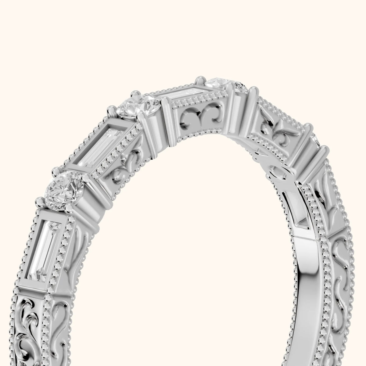 Kyla Milgrain Bezel Baguette & Round Diamond Half Eternity Band in White Gold - slant-view