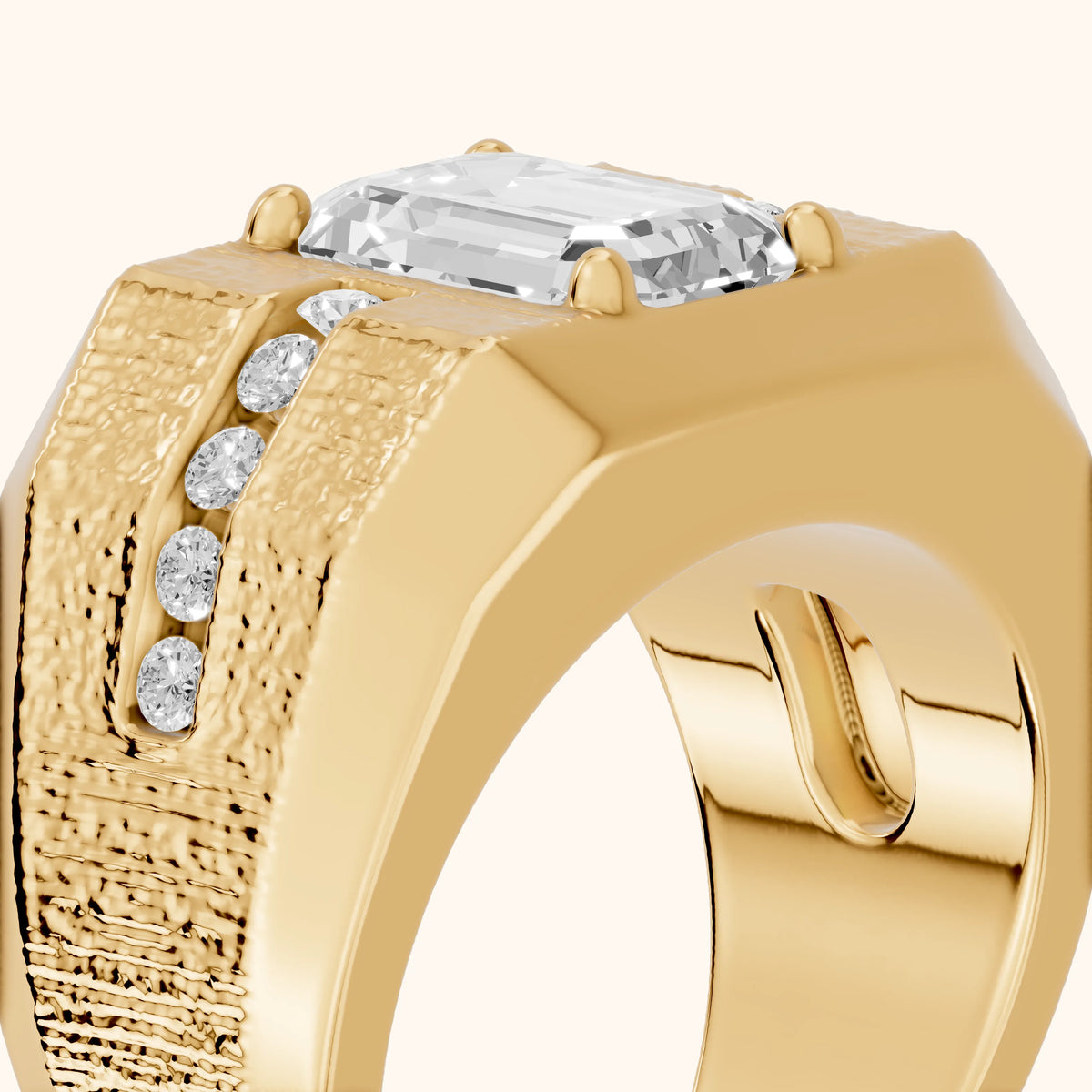 Ames Engraved Channel Set Emerald Diamond Engagement Ring in Yellow Gold - slant-view.webp